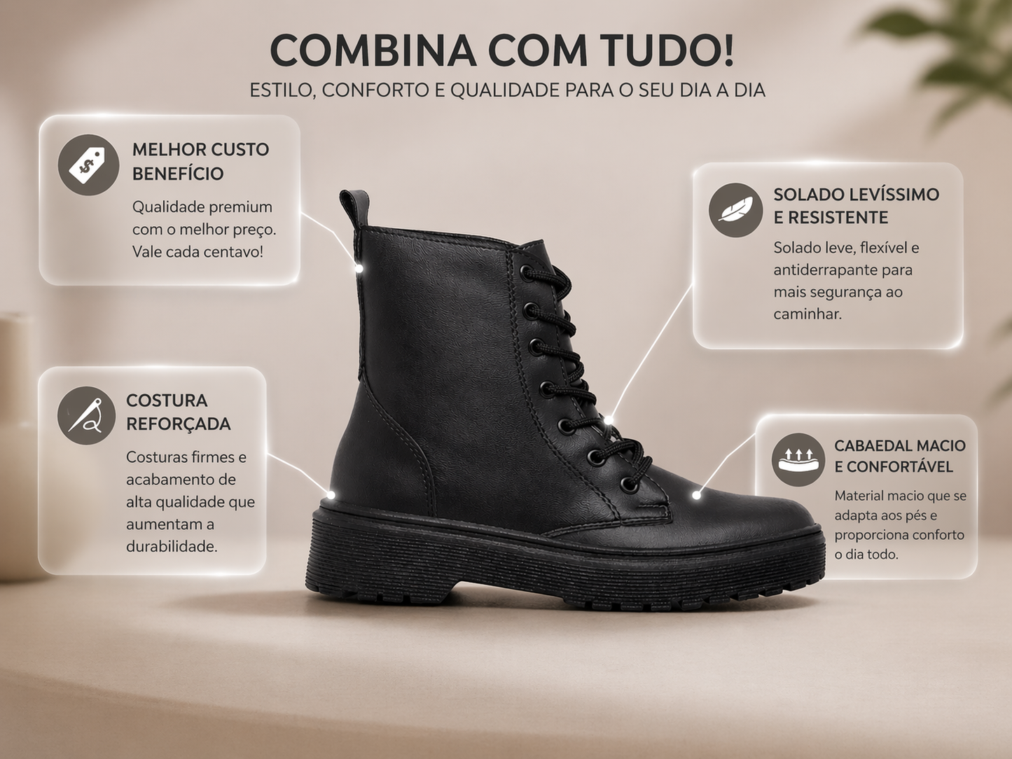 Bota Coturno Feminino Mari Preto Couro Ecológico